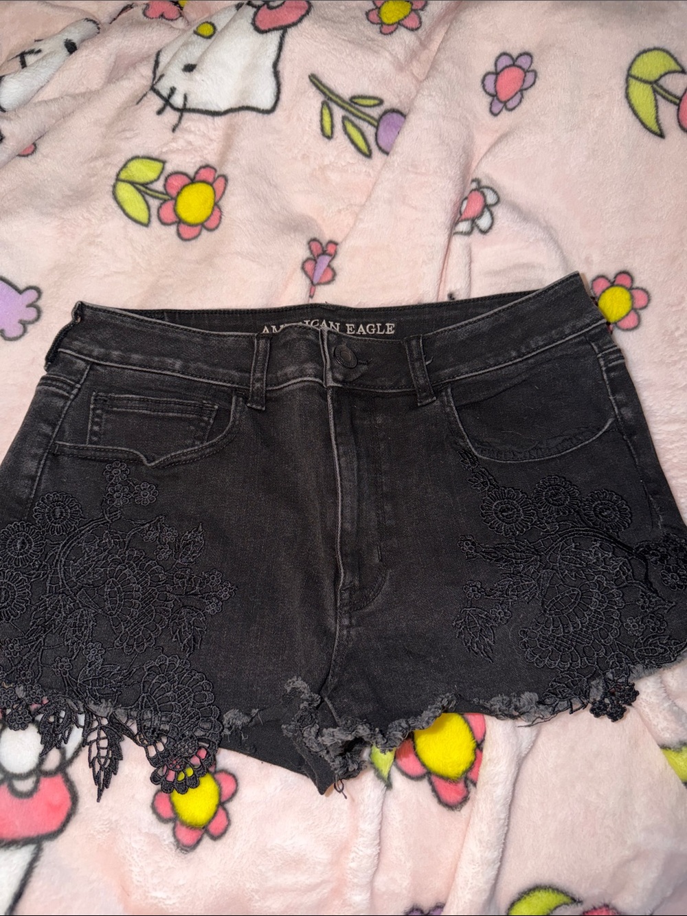 American Eagle Outfitters Black Denim Lace-Trim High-Rise Shorts